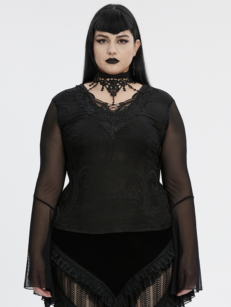 Black Sexy Gothic Irregular Flared Mesh Sleeve Plus Size Shirt for Women