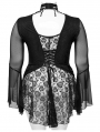 Black Sexy Gothic Irregular Flared Mesh Sleeve Plus Size Shirt for Women