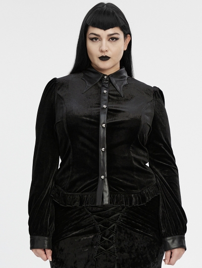 Black Gothic Gradient Velvet Bat Collar Long Sleeve Plus Size Shirt for Women