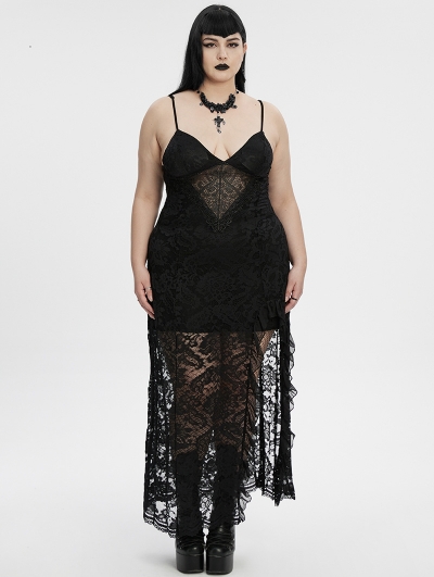 Black Sexy Gothic Lace Deep V-Neck High Slit Plus Size Long Dress