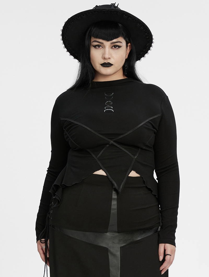 Black Gothic Gradient Moon Print Irregular Daily Long Sleeve Plus Size T-Shirt for Women