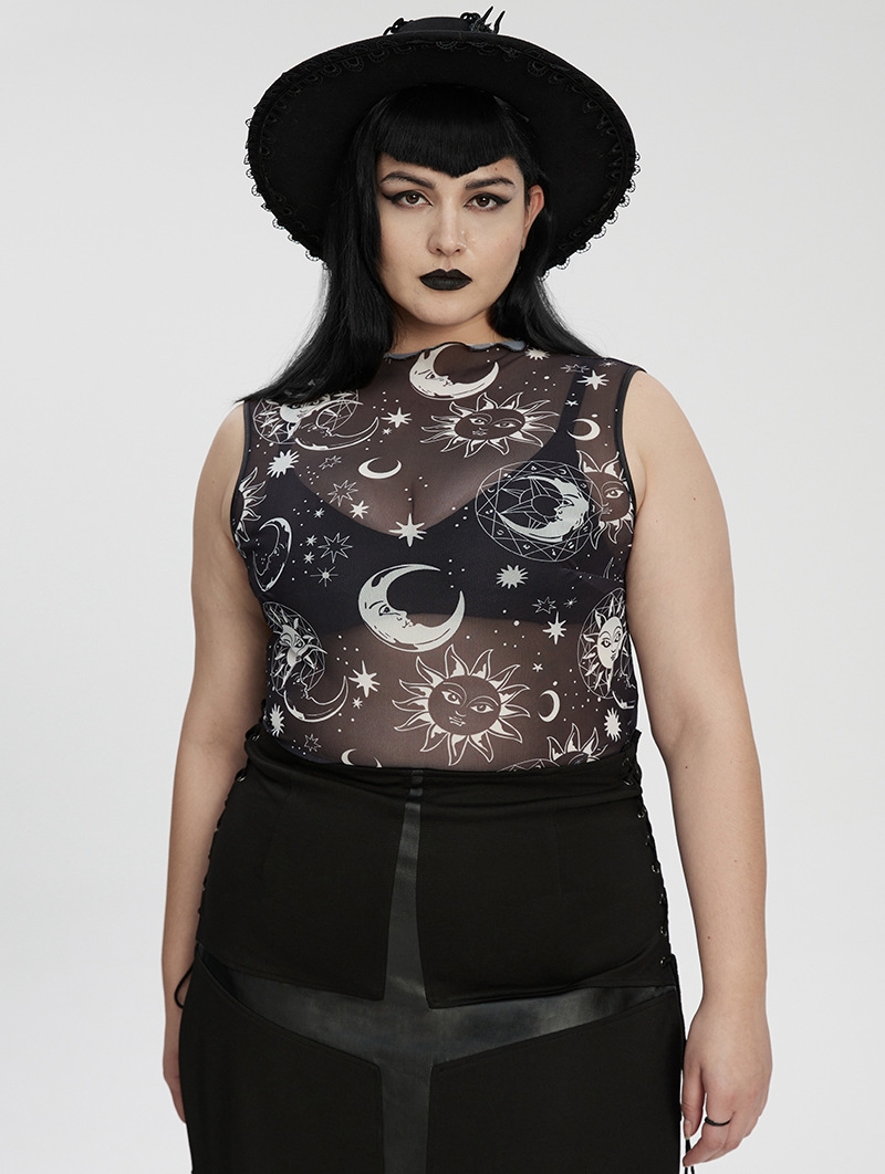 Black Gothic Daily Print Fitted Sleeveless Mesh Plus Size T-Shirt for Women