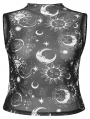 Black Gothic Daily Print Fitted Sleeveless Mesh Plus Size T-Shirt for Women