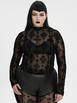 Black Sexy Gothic Cross Flocking Mesh Long Sleeve Plus Size Shirt for Women