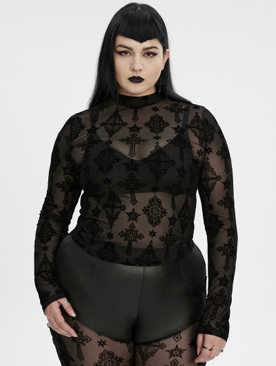Black Sexy Gothic Cross Flocking Mesh Long Sleeve Plus Size Shirt for Women