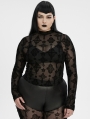 Black Sexy Gothic Cross Flocking Mesh Long Sleeve Plus Size Shirt for Women