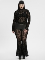 Black Sexy Gothic Cross Flocking Mesh Long Sleeve Plus Size Shirt for Women