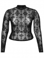 Black Sexy Gothic Cross Flocking Mesh Long Sleeve Plus Size Shirt for Women