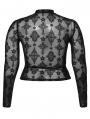 Black Sexy Gothic Cross Flocking Mesh Long Sleeve Plus Size Shirt for Women