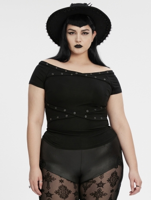 Black Gothic Punk Off-Shoulder Knitted Plus Size T-Shirt for Women
