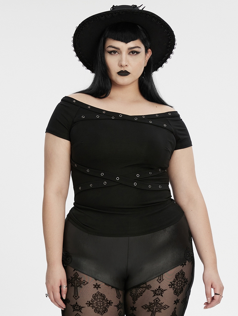 Black Gothic Punk Off-Shoulder Knitted Plus Size T-Shirt for Women