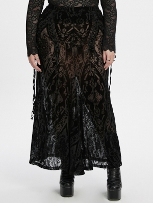 Black Gothic Gorgeous Pattern Flocked Mesh Plus Size Maxi Skirt