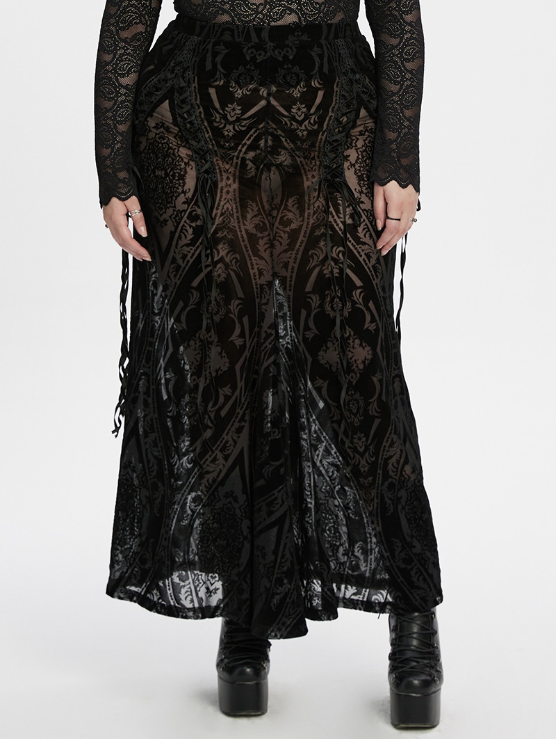 Black Gothic Gorgeous Pattern Flocked Mesh Plus Size Maxi Skirt