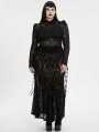 Black Gothic Gorgeous Pattern Flocked Mesh Plus Size Maxi Skirt