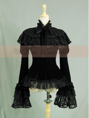 Black Velvet Long Sleeves Romantic Lace Gothic Cape Blouse 