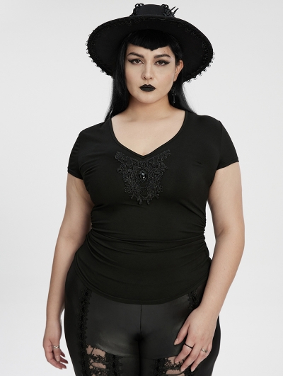Black Gothic V-Neck Lace Applique Short Sleeve Plus Size T-Shirt for Women