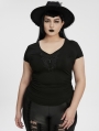 Black Gothic V-Neck Lace Applique Short Sleeve Plus Size T-Shirt for Women