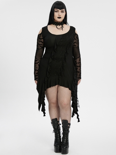 Black Gothic Long Bat Mesh Sleeve Cold Shoulder Plus Size Dress