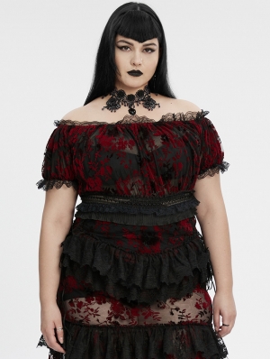 Black and Red Gothic Sexy Flocking Mesh Lace Trim Plus Size Short Top for Women
