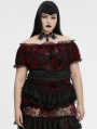 Black and Red Gothic Sexy Flocking Mesh Lace Trim Plus Size Short Top for Women