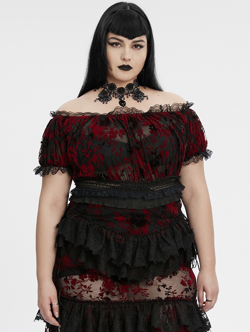 Black and Red Gothic Sexy Flocking Mesh Lace Trim Plus Size Short Top for Women