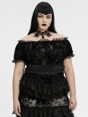 Black Gothic Sexy Flocking Mesh Lace Trim Plus Size Short Top for Women