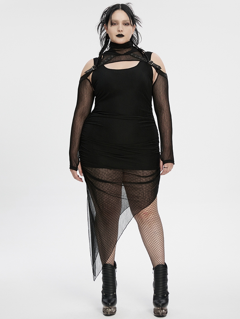 Black Gothic Hooded Irregular Mesh Two-Piece Plus Size Dress
