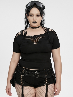 Black Gothic Punk Sexy Hollow-out Short Sleeve Plus Size T-Shirt for Women