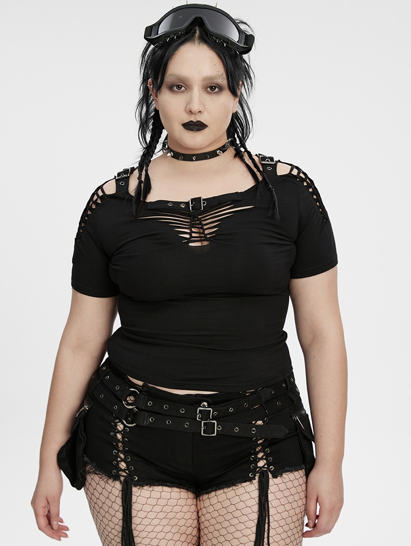 Black Gothic Punk Sexy Hollow-out Short Sleeve Plus Size T-Shirt for Women