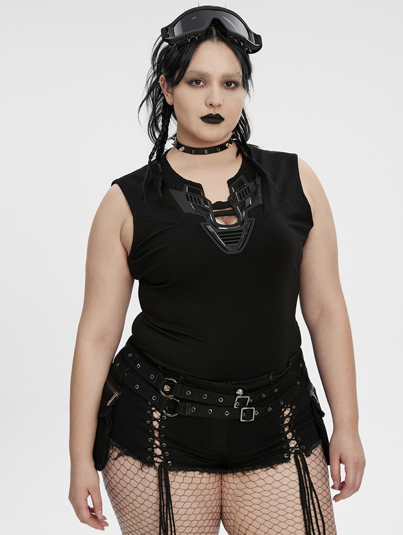 Black Gothic Cyberpunk Sleeveless Plus Size T-Shirt for Women