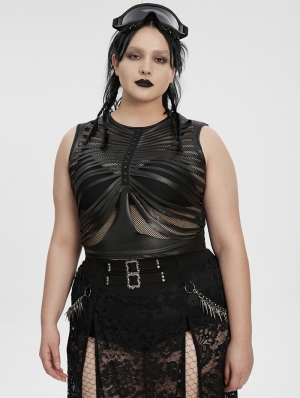 Black Gothic Punk Mesh Perspective Fitted Sleeveless Plus Size Top for Women