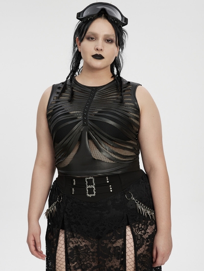 Black Gothic Punk Mesh Perspective Fitted Sleeveless Plus Size Top for Women