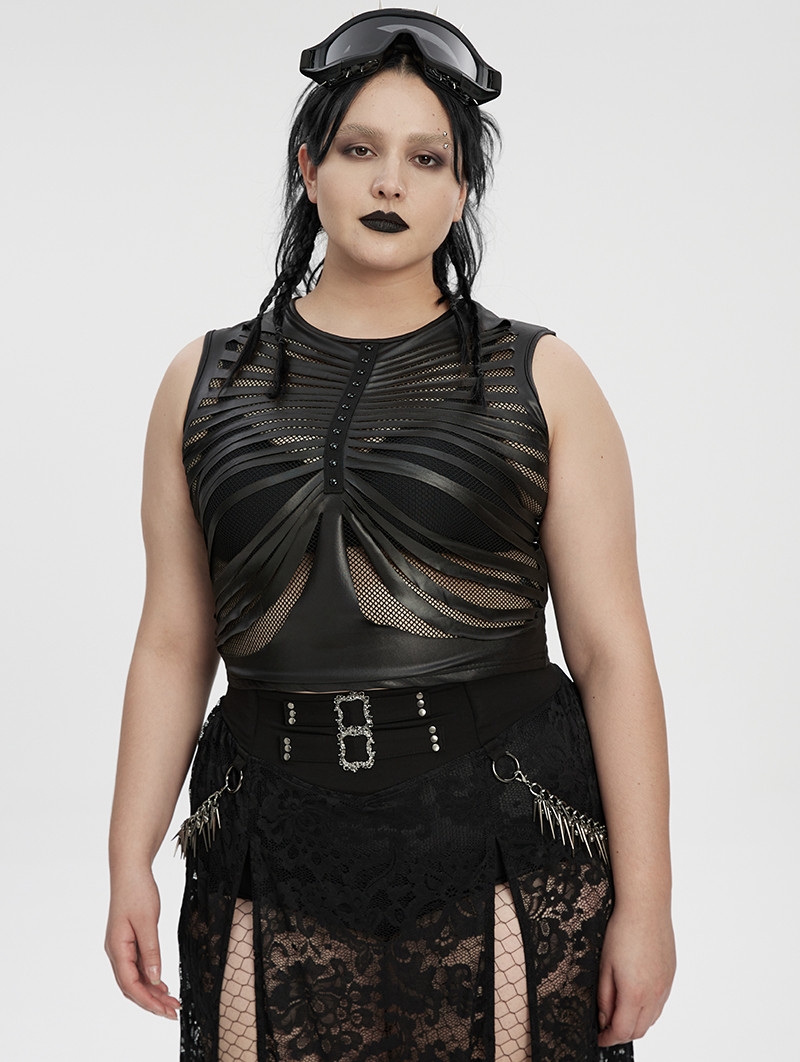 Black Gothic Punk Mesh Perspective Fitted Sleeveless Plus Size Top for Women