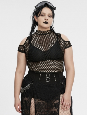 Black Gothic Punk Tie-Dyed Mesh Short Sleeve Plus Size T-Shirt for Women