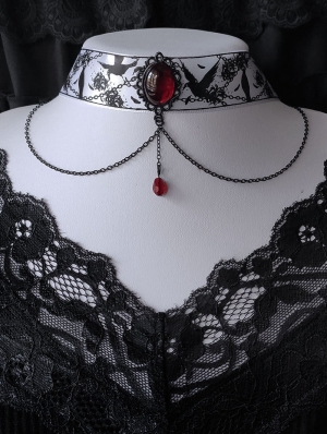 Black Gothic Raven Print Blood Crystal Chain Pendant Choker