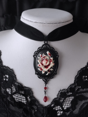 Black Gothic Vintage Bloody Rose Pendant Velvet Choker