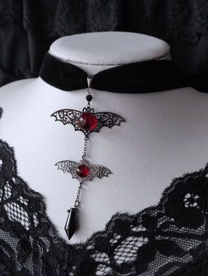 Black Gothic Red Crystal Bat Pendant Vintage Velvet Choker