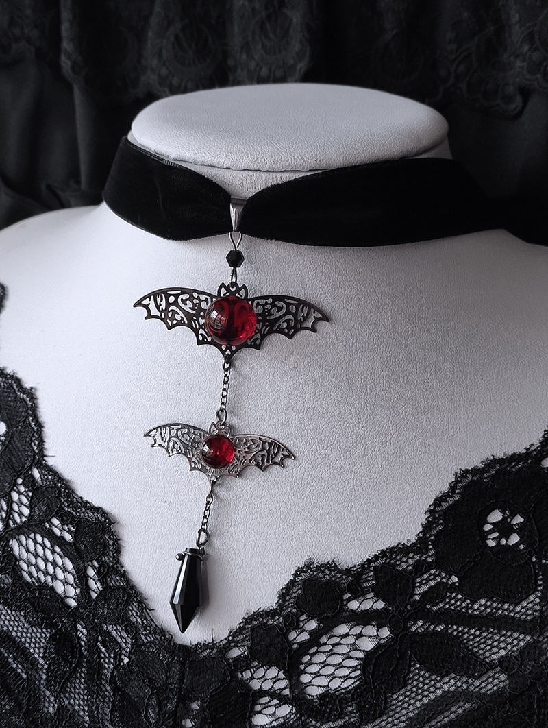 Black Gothic Red Crystal Bat Pendant Vintage Velvet Choker
