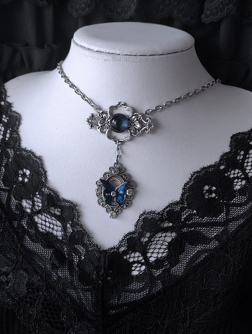 Silver Openwork Blue Butterfly Wings Crystal Pendant Necklace
