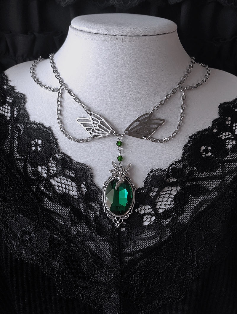 Silver Angel Wings Green Crystal Pendant Chain Necklace