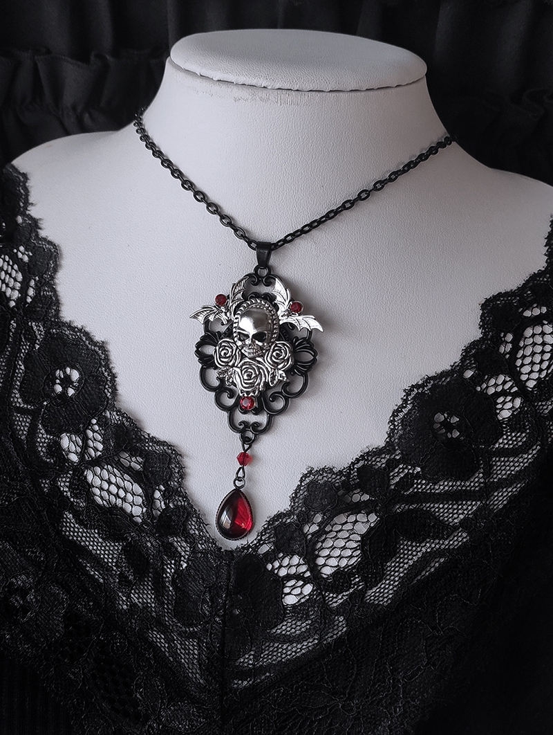 Black Retro Gothic Bat Skull Rose Blood Drop Necklace