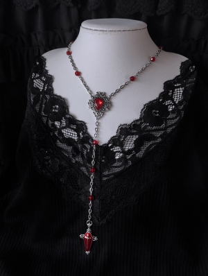 Silver Gothic Red Crystal Coffin Cross Long Chain Necklace