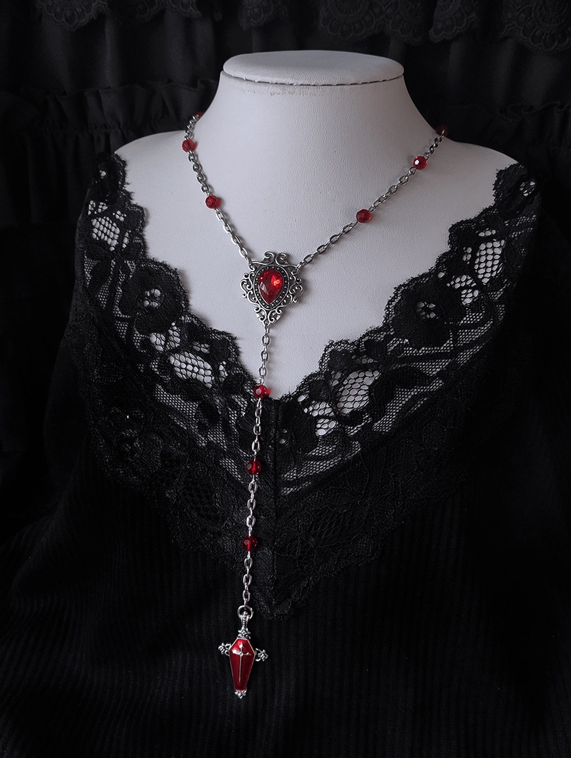 Silver Gothic Red Crystal Coffin Cross Long Chain Necklace