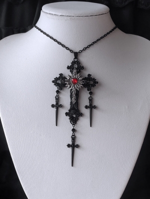 Black Gothic Heart-Shaped Holy Sword Cross Pendant Necklace
