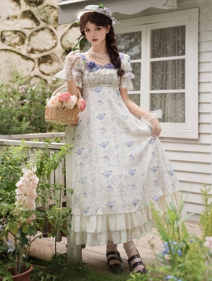 Purple Square Neck Classic Floral Print Lolita OP Dress Set