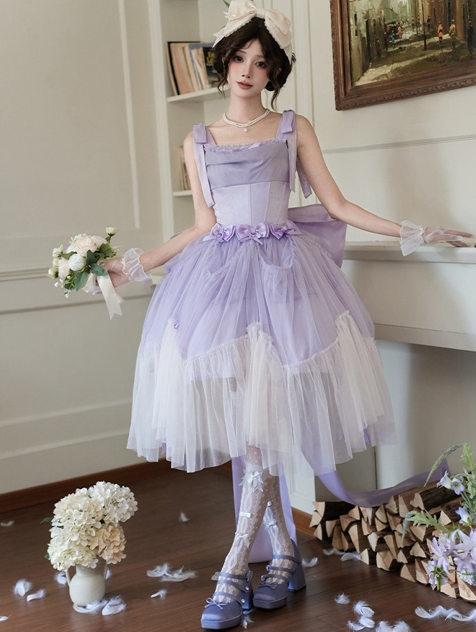 Purple Shimmering Bow Classic Lolita JSK Dress Full Set