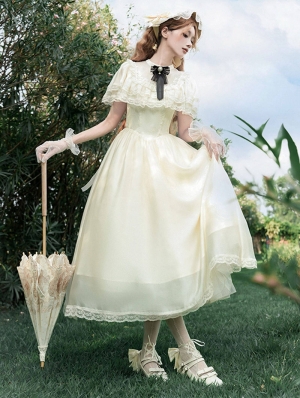 Beige Edwardian Illusion Square Neck Classic Lolita OP Dress