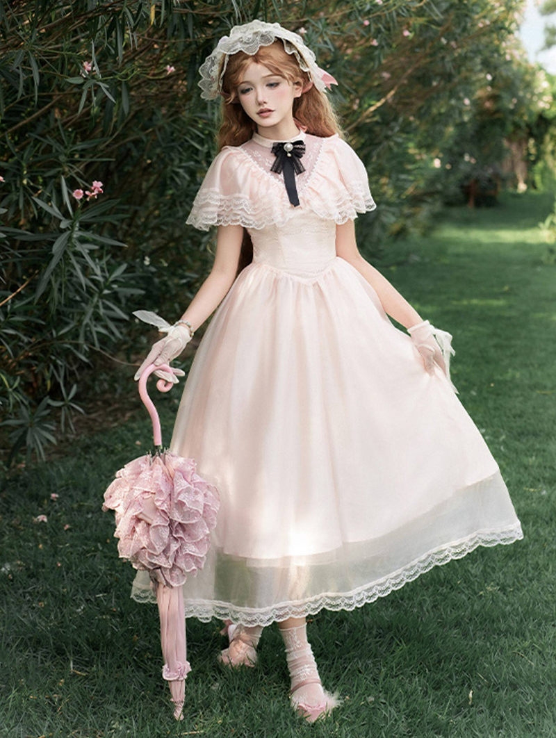Pink Edwardian Illusion V-Neck Classic Lolita OP Dress