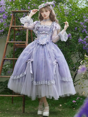 Purple Oil Painting Print Classic Lolita Long Sleeve OP Dress Set