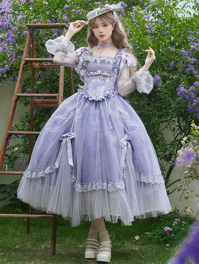 Purple Oil Painting Print Classic Lolita Long Sleeve OP Dress Set